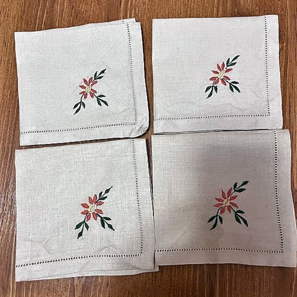 Set of 4 Vintage Embroidered Linen Tea Napkins